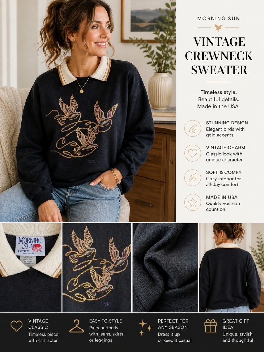 Vintage Morning Sun Black Gold Bird Crewneck Sweater Made in USA Medium Petite